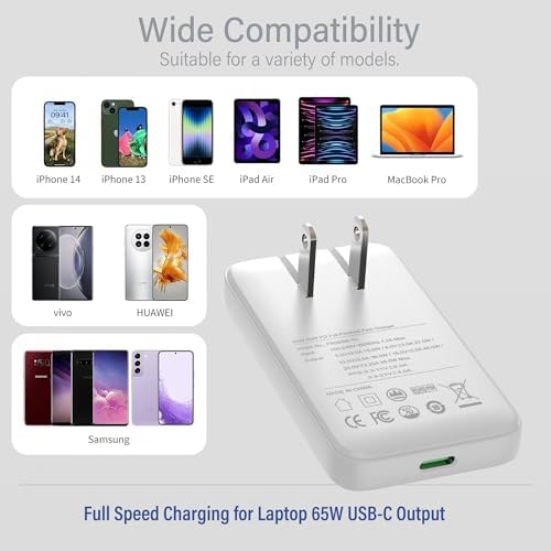 65 W Dual Port USB-C Wall Charger – Ga N Fast Charging Adapter with PPS for Laptops, Tablets & Smartphones – Compact Design with Folding Plug for Travel & Home Use – Stylish White Finish for Modern Aesthetics