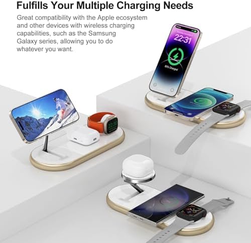 Sleek 3-in-1 Magnetic Charging Station for Apple Devices – Fast Mag-Safe Wireless Charger Stand for i Phone 16/15/14/13/12, Apple Watch, and Air Pods – Elegant Golden Design with Enhanced Compatibility and Safety Features