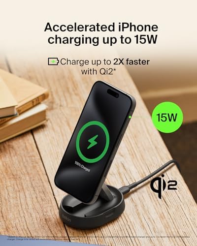 Belkin 15 W Fast Convertible Magnetic Charging Stand – Mag Safe & Qi2 Compatible Power Hub for i Phone 16/16 Plus/16 Pro/16 Pro Max, i Phone 15/14, Apple Air Pods Pro – Stylish White Design for Enhanced Efficiency and Device Versatility