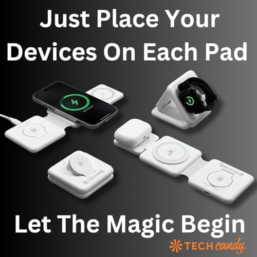 Tech Candy Three Way Charging Valet – Wireless Charging Pad for 3 Devices, Compact & Foldable 20 W Fast Qi Charger for Phones, Earbuds & Smartwatches – Travel-Friendly Multi-Device Power Hub with Universal Compatibility & Sleek Design