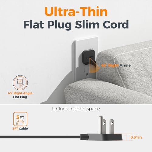 TESSAN 5 FT Flat Plug Extension Cord with 4 AC Outlets, 1 USB-C & 2 USB-A Ports – 900 Joules Surge Protector Power Strip for Home Office & Dorm Room – Maximize Charging Efficiency & Space Savings with Versatile Power Accessory