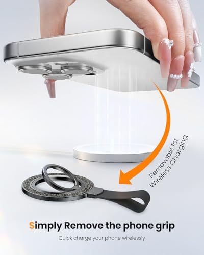 Tycamp Mag Safe-Compatible Glitter Phone Grip Ring Holder Stand for i Phone 16/15/14/13/12 Series – Stylish Magnetic Phone Accessory with Removable Rotating Design for Enhanced Grip and Glam Appeal in Black – Secure Attachment for Selfies, Texting, and Viewing