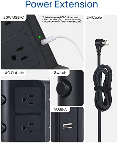 KOOSLA Power Strip Tower – 12 AC Outlets & 6 High-Speed USB Ports with 15 A Surge Protection – 6.5 ft Heavy-Duty Extension Cord for Home Office & Dorm Room – Compact Design for Efficient Power Distribution – Versatile Charging Station for Multiple Devices