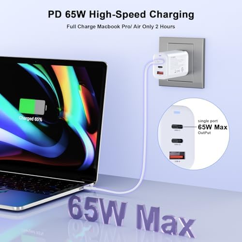 65 W Ga N USB-C Fast Charger Block – Ultra-Compact 3-Port Adapter for Quick Charging on Mac Book Pro/Air, i Pad Pro, i Phone 16/15/14/13, Samsung Galaxy S25/S24/S23, Note 20/10, Pixel 9/8/7 – Perfect Travel Companion with Superior Efficiency and Multi-Device Compatibility