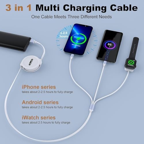 2024 Premium 3-in-1 Retractable Charger for Car – Fast 3 A USB Charging for Apple Watch, i Phone & i Pad – Streamlined White Design for Effortless Portability – Ideal for Travelers & Daily Commuters