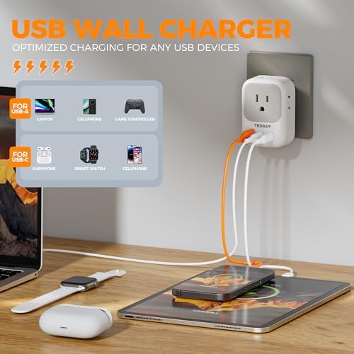 TESSAN 7-Port USB Wall Charger & Outlet Splitter – Versatile 4 AC Outlets and 3 Rapid USB Charging Ports with 2 USB-C Ports – Essential Multi-Plug Expander for Home, Office, Travel, and Dorm Rooms – Sleek Design with Surge Protection for Uninterrupted Power Supply