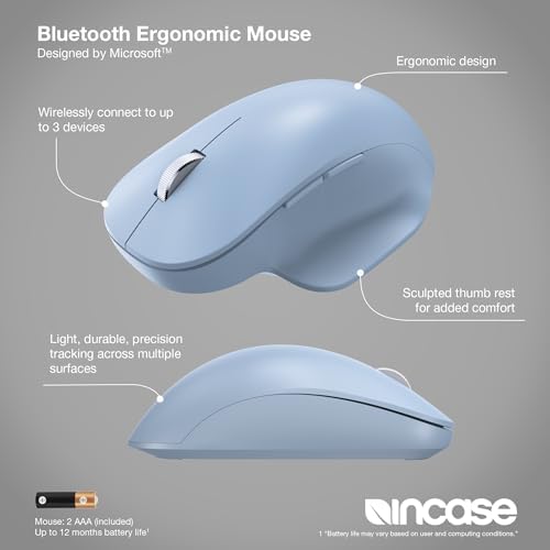Elevate Your Productivity with the Incase Bluetooth Ergonomic Mouse by Microsoft – Multi-Device Connection, 15-Month Battery Life, Precision Tracking, and Comfortable Thumb Rest in Elegant Pastel Blue – Perfect for PCs and Laptops!