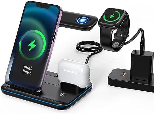 Minthouz 3-in-1 Fast Wireless Charging Station – 18 W Power Hub for i Phone 15/14/13/12/11, Air Pods & i Watch – Sleek, Space-Saving Design with QC3.0 Adapter for Effortless Charging Convenience and Style