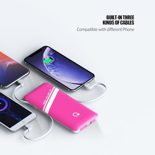 Sleek Pink 10000 m Ah Power Bank – Q Slim Portable Charger with Built-in AC Plug & Dual USB-C Cables for Rapid Charging – Four Output Ports for Universal Mobile Device Compatibility – Perfect for On-the-Go Power Solutions