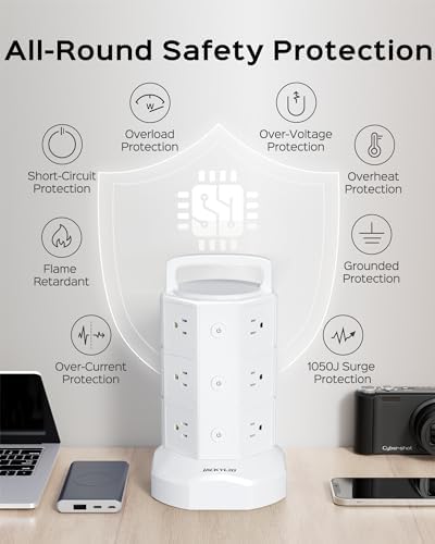 JACKYLED Power Strip Tower Surge Protector with 12 Outlets and 6 USB Ports (2 USB-C) – High-Speed Charging Station with 1050 Joules Protection, 1625 Watts, 6.5 ft Extension Cord for Enhanced Home Office Efficiency and Device Safety