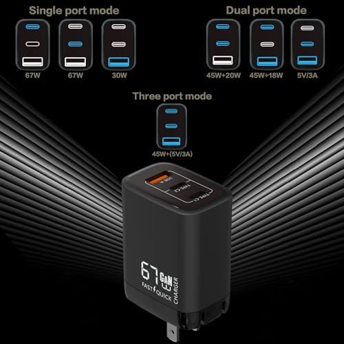 67 W Ga N USB-C 3-Port Fast Charger – Compact, High-Speed Wall Charger for Mac Book Pro/Air, i Phone 15/14/Pro, Galaxy S23/S22 & More – Ultimate Compatibility & Power Efficiency