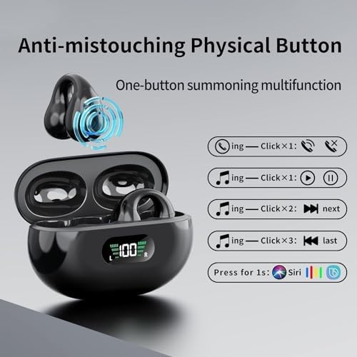 Revolutionary Open Ear Clip Bone Conduction Headphones for Active Lifestyles – Bluetooth Sports Earphones with Waterproof Technology, Built-in Microphone for Effortless Hands-Free Calling, Secure Fit Earhooks for Ultimate Stability, and Smart Wireless Charging Case with Display for Simplified Power Management – Ideal for Running, Cycling, and Outdoor Fitness Adventures