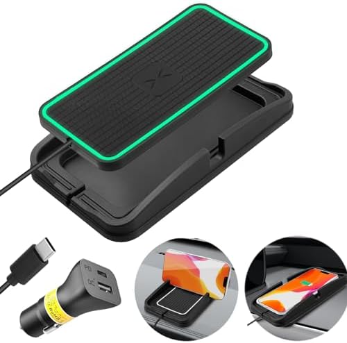 POLMXS 15 W Wireless Car Charger Pad – Fast Charging Solution for i Phone and Galaxy – Non-Slip, Compact Design for Ultimate Convenience – Overheating Protection & Enhanced Device Compatibility – Ideal for Travel and Navigation