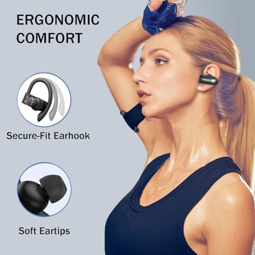 High-Performance Waterproof Bluetooth Earbuds with 82-Hour Battery Life, Ergonomic Earhooks & PU Leather Charging Case – Ideal Wireless Headphones for Gym, Running & Outdoor Activities with Hi-Fi Sound Quality and Built-in Mic for Seamless Connectivity