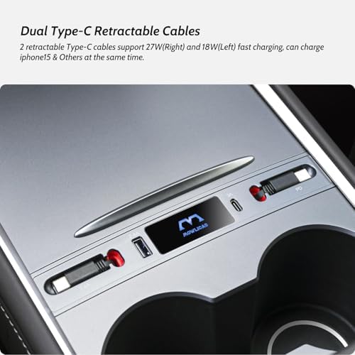Revolutionize Your Tesla with the Dual USB C Charging Hub for Model 3/Y (2024-2021) – 27 W Fast Charger for i Phone 15 and USB C Devices, Retractable Design for Effortless Storage, Sleek Silver Gray Finish, Essential Accessory for Modern Tesla Owners
