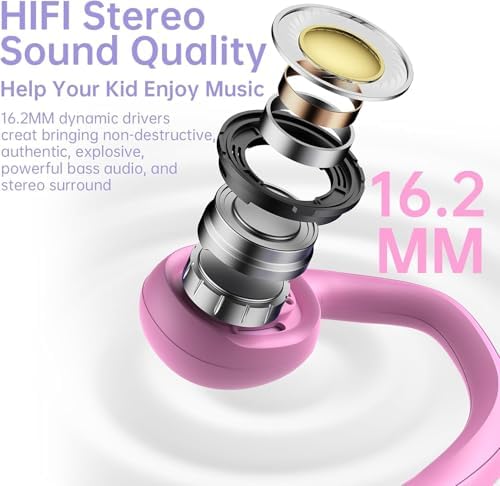 Revolutionary Bluetooth 5.2 Kids Headphones – Safe 85 d B Volume Limiting with Open Ear Design, IPX5 Waterproof for All Adventures, 20 Hours Playtime, Superior Stereo Sound with Built-in Mic – Perfect for School & Playtime in Chic Pink