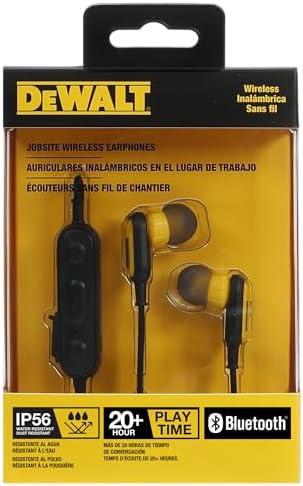 DEWALT Heavy Duty Bluetooth Neckband Earbuds for Professionals – Wireless 5.2 Headphones with IP56 Waterproof Protection, 20-Hour Playtime, Deep Bass Audio, and Built-in Microphone for Clear Calls – Ultimate Comfort and Durability for Jobsite Use