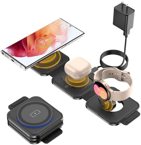 Ultra-Compact 3-in-1 Wireless Charging Station for Samsung Devices – Foldable Travel Charger Pad for S25, S24, S23 Ultra, Z Flip, and Fold 6; Fast Wireless Charger for Galaxy Watch 7/6 and Buds 3 Pro – Sleek, Portable Design for On-the-Go Power Solutions