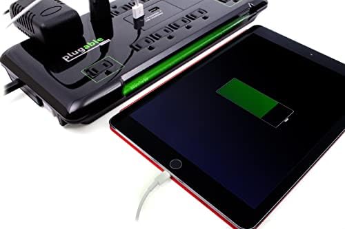 Plugable 12-Outlet Power Strip with 4320 Joules Surge Protection and 10.5 W Dual USB Charger for Fast Charging Mobile Devices – 6-Foot Cord for Flexible Placement and Enhanced Device Safety