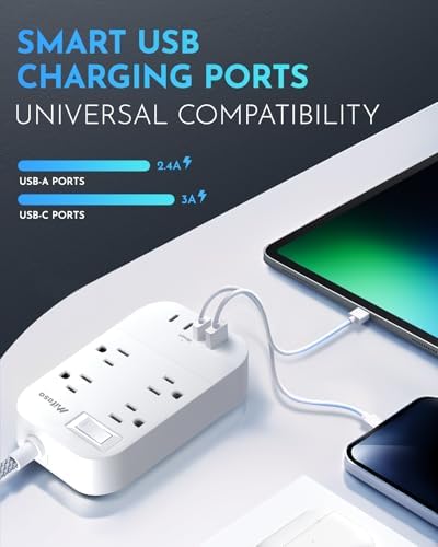 Versatile 10 Ft Braided Power Strip with Flat Plug – 4 Outlets & 3 USB Charging Ports for Effortless Device Management, Overload Protection, and Space-Saving Wall Mount Design for Home and Office Use