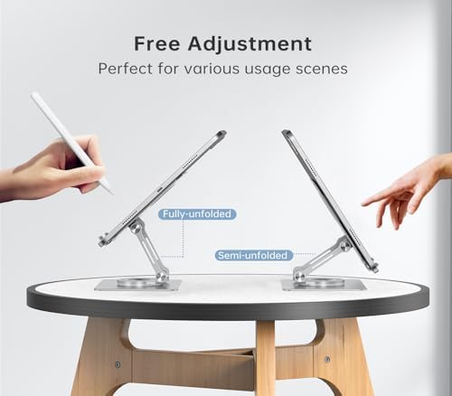 Versatile 360° Rotating Tablet Stand Holder – Durable Dual Rod Aluminum Design for Enhanced Stability and Adjustable Viewing – Universal Compatibility with i Pad, Samsung, Kindle, and More – Sleek Black Finish for Modern Workspaces – Perfect for Multitasking, Video Watching, and Reading Comfortably