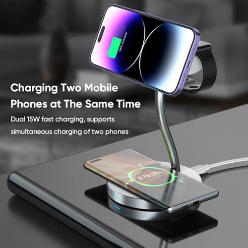 Revolutionary 4-in-1 Wireless Magnetic Charging Station with LED Lamp – Fast 15 W Charger for i Phone 11-16 Series, i Watch, and Air Pods – Sleek Bedside/Desktop Design for Enhanced Device Compatibility and Clutter-Free Convenience