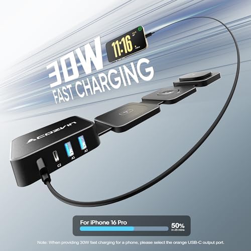 Ultimate 7-in-1 Wireless Charging Station for Apple Devices – ACOZVIN Foldable Magnetic Charger with 4 USB Ports, 30 W USB-C Power, and 5 FT Flat Plug Cord – High-Speed Travel Charger for i Phone 16/15/14/13, Apple Watch, and Air Pods – Compact, Portable, and Enhanced Compatibility for Effortless Charging on the Go