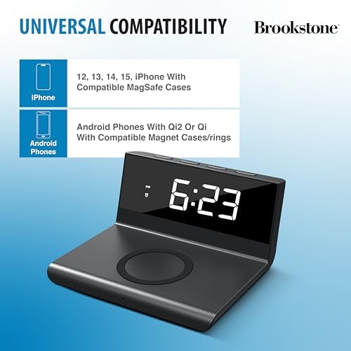 Brookstone Smart LED Alarm Clock with 15 W Fast Wireless Charger for i Phone 15 Pro Max & Samsung S23 | Dual Alarm Functionality with Customizable Brightness | Sleek, Modern Design for Efficient Workspaces & Nightstands