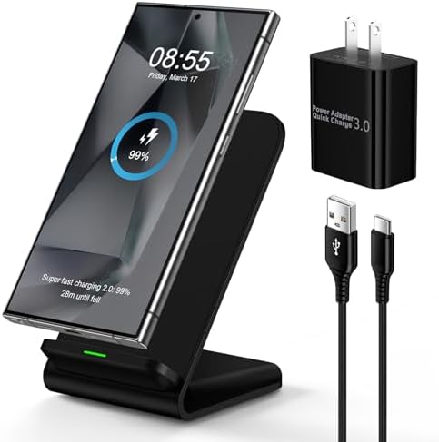 15 W Fast Wireless Charging Stand for Samsung Galaxy S25 Ultra, S24, S23, S22, S21 & Motorola Phones – Sleek Desktop Charger with QC Adapter for Optimal Performance, Qi-Compatible Convenience, and Enhanced Device Compatibility