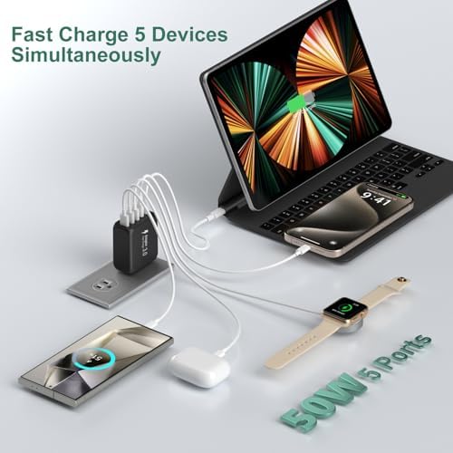 Revolutionize Your Charging Setup with the 50 W Dual-Pack USB-C Wall Charger – 5-Port Fast Charging Hub with Smart Technology for Optimal Device Performance – Compact Power Adapter for Home and Office Use