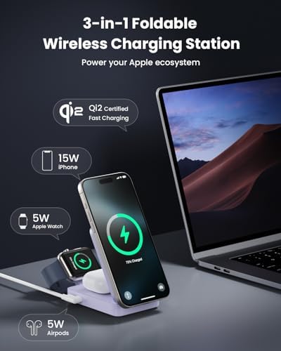 3-in-1 Qi2 Certified Wireless Charging Station – 15 W Fast Magnetic Charger for i Phone 16/15/14/13/12, Apple Watch, Air Pods – Foldable Design with 30 W USB-C Adapter for Ultimate Compatibility and Efficiency – Elevate Your Charging Experience with Enhanced Safety Features and Versatile Viewing Angles