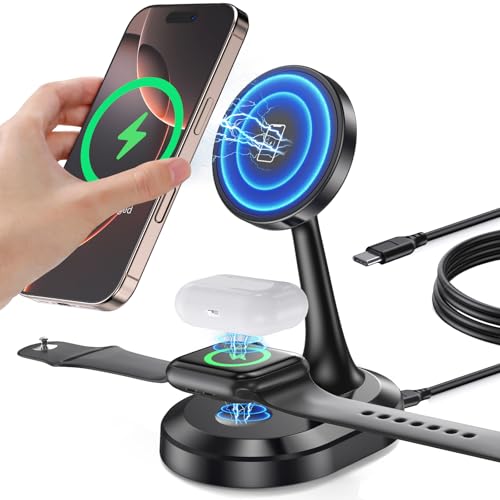 Revolutionary 3-in-1 Magnetic Wireless Charging Station for Apple Devices – 15 W Fast Mag-Safe Charger Stand for i Phone 16, 15, 14, 13, 12 Pro/Pro Max/Plus/Mini, Air Pods Pro/2/3, and i Watch Series – Ultimate Charging Efficiency with Enhanced Compatibility and Cooling Technology – Quick 0-100% Charge in 2 Hours – Secure Magnetic Hold with 22 N55 Magnets – Smart Chip Protection for Optimal Battery Health – Ideal for Apple Enthusiasts Seeking Simplicity and Convenience – Includes Type-C Quick Charge Cable and User Manual – Backed by 365-Day Warranty for Peace of Mind