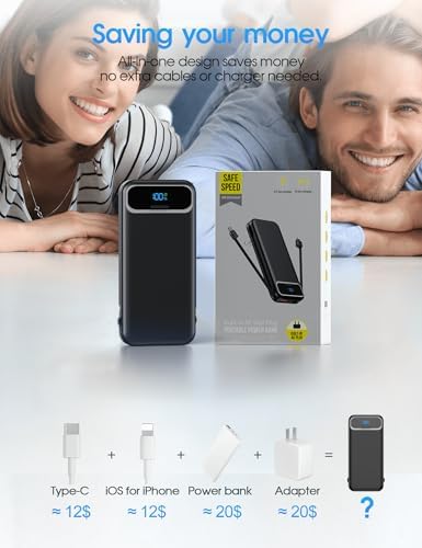 Ultra-Compact 12000 m Ah Power Bank with Built-in Charging Cables & AC Plug – 20 W PD Fast Charging for i Phone, Samsung, Android, USB-C Devices – Travel-Friendly External Battery Pack in Purple – Unmatched Portability and Efficiency for On-the-Go Charging Solutions