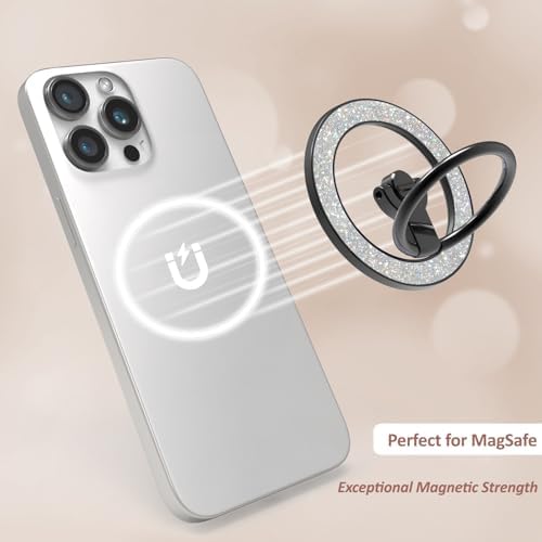 Glitter Black Mag Safe Phone Grip Stand – Stylish Magnetic Ring Holder for i Phone with 360° Rotational Flexibility, Effortless Hands-Free Functionality, and Universal Compatibility for All Mag Safe Devices – Lightweight and Durable Accessory for Everyday Convenience
