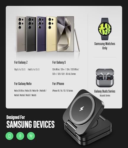 Ultimate 3-in-1 Foldable Wireless Charging Station for Samsung Devices – Magnetic Charger Stand for Galaxy S24, S23 Ultra, S22, S21, Galaxy Watch 6/5/5 Pro/4/3 & Galaxy Buds 2 Pro (Black) – Fast, Efficient Charging & Travel-Friendly Design