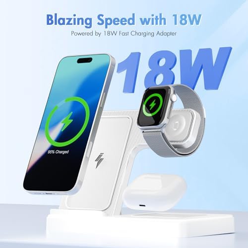 Portable 3-in-1 Wireless Charging Station: Qi Fast Charger Stand for i Phone 12-16 Pro Max, Apple Watch Series 10-2, Ultra & SE, Air Pods Pro 2-4 – Foldable Travel Design for Effortless Charging & Stylish Organization (White)