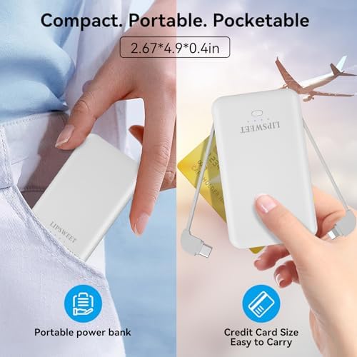 Mini 5000 m Ah Portable Power Bank with Integrated Cables and AC Plug – USB-C Fast Charging for i Phone & Android Devices – Ultra-Compact External Battery for On-the-Go Lifestyle – Essential Tech Accessory for Seamless Connectivity
