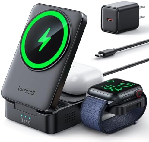 Lamicall 3-in-1 Foldable Wireless Charging Station for Apple Devices – Ultra-Portable Mag Safe Compatible Charger for i Phone 16, 15, 14, 13, Apple Watch & Air Pods – Fast Charging Solution for Home and Travel Needs
