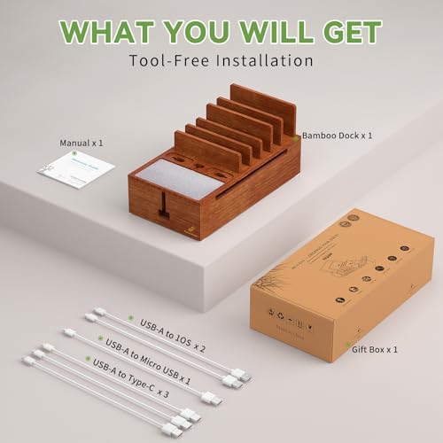 Pezin & Hulin Eco-Friendly Bamboo Cable Management Box – Sleek Desktop Organizer with 6 Cables for Tidy Charging Station, Stylish Wire Organizer for Electronic Devices, Enhances Workspace Efficiency and Aesthetics