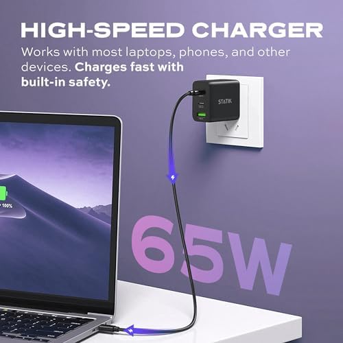 STATIK 100 W Ga N Fast Charger Block – Triple USB-C Ports for High-Speed Charging | Universal Compatibility with Mac Book, i Phone, Samsung, and Laptops | Compact Design for Efficient Power Delivery and Safety Features