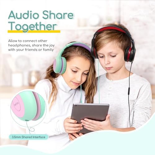 Kid-Friendly Foldable Wired Headphones with Microphone – Volume Limiting Safety (85/94 d B) for Hearing Protection, Share Port for Collaborative Audio, Ideal for Tablets, PCs, and School Use – Enhanced Type C Compatibility for Optimal Sound Quality and Comfort