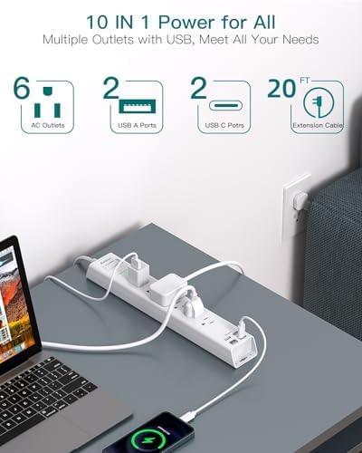 Ultimate Power Strip Surge Protector with Dual USB-C Ports – 6 Outlet Multi-Plug Extension Cord for Efficient Charging in Home, Office, or Dorm – Flat Plug Design with 5 ft Cord and 900 J Surge Defense for Enhanced Device Safety