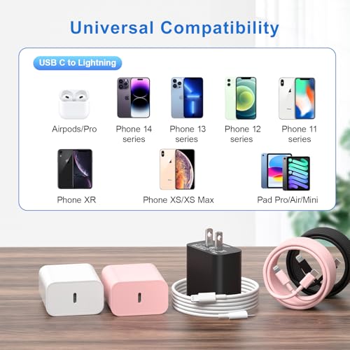 MFi Certified 20 W Fast Charger Bundle for i Phone 14, 13, 12, 11 – 3 Pack USB-C Charger Blocks with 3 FT, 6 FT, & 10 FT Lightning Cables – Ultimate Compatibility & Rapid Charging Solution for i Phone Models Including Pro, Pro Max, Xs, Xr – Portable & Durable Design for Home, Office, & Travel