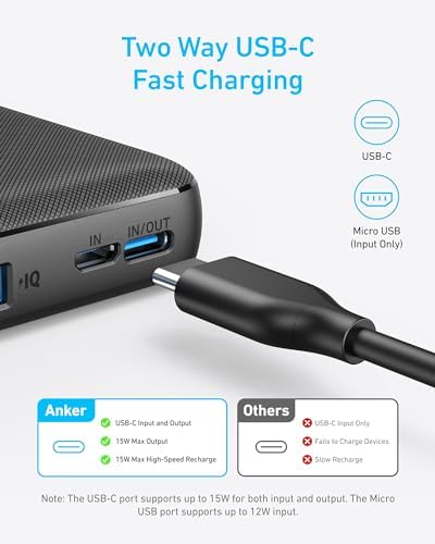Anker Power Core 10 K Portable Charger – Ultra-Compact 10,000 m Ah Power Bank with Fast USB-C Charging and Power IQ Technology for i Phone, i Pad, and More – Lightweight Travel Essential for On-the-Go Power Solutions