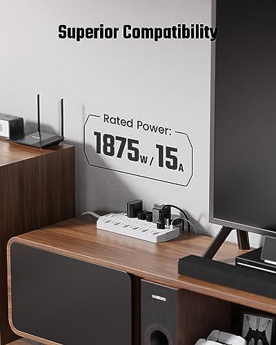 Maximize Your Power Efficiency with SUPERDANNY 18-Outlet Surge Protector Power Strip – 4 USB Charging Ports, 1875 W/15 A, 2100 J Surge Protection, 6.5 FT Heavy-Duty Flat Plug Extension Cord for Home, Office, Gaming, and Dorm Use – Versatile Wall Mount Design for Unmatched Convenience and Safety