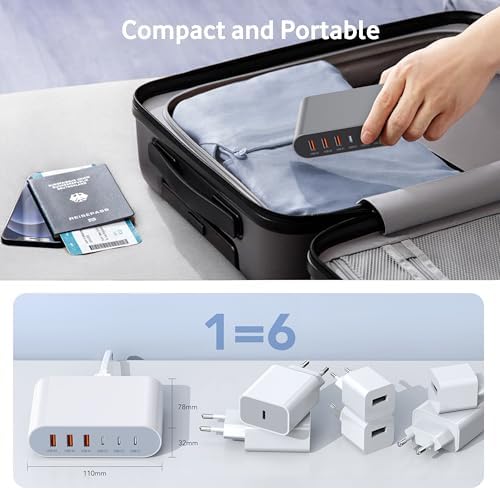 Ultra-Fast 100 W Ga N USB-C Charging Station with 6 Ports – Compact Wall Adapter for i Phone 16/15/14/13 Pro Max, i Pad, Samsung, Pixel, LG – High-Speed Multi-Device Charger with Smart Safety Features – Travel-Friendly Power Hub for Effortless Charging