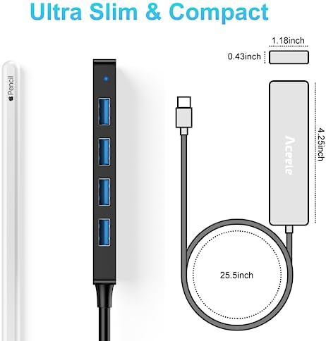 Ultra-Slim 4-Port USB 3.0 Hub with 2 ft Extended Cable – High-Speed Data Transfer for Mac Books, PCs, and More – Compact USB Expander for Enhanced Connectivity, Ideal for On-the-Go Professionals and Home Offices