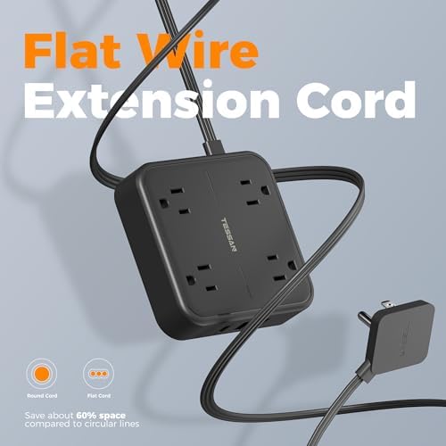 TESSAN 5 FT Flat Extension Cord Surge Protector – 4 Outlet Power Strip with 3 USB C Ports (1 USB C) for Fast Charging, 900 Joules Electronics Protection, Space-Saving Design for Home, Office, and Dorm Use, Enhanced Compatibility and Efficiency