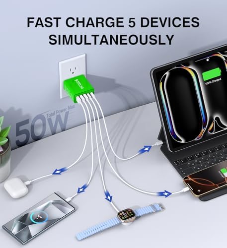 50 W Dual Type C Fast Charging Power Adapter 2-Pack – High-Performance USB-C Charger for i Phone, Samsung, i Pad, and Nintendo Switch – 5-Port Multi-Device Charger for Home and Travel – Compact, Safe, and Reliable Charging Solution