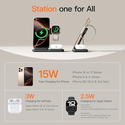 3-in-1 Wireless Charging Station for Apple Devices – 15 W Fast Charger Stand for i Phone 16/15/14/13/12/11, Apple Watch, and Air Pods – Convenient Portable Design with Enhanced Compatibility and Safety Features for Home and Travel – Perfect Gift for Tech Enthusiasts
